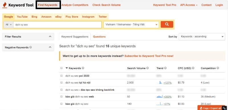 Tìm kiếm và lọc từ khóa bằng keywordtool io